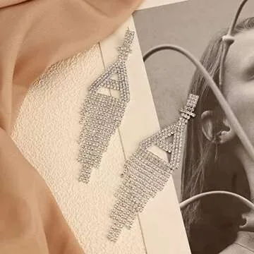 Initial Rhinestone Earrings Sparkle Alphabet Dangle Drop Earrings Clear Crystal Tassel Chandelier Statement Earrings for Women Party Jewelry (A, Silver)