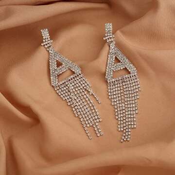 Initial Rhinestone Earrings Sparkle Alphabet Dangle Drop Earrings Clear Crystal Tassel Chandelier Statement Earrings for Women Party Jewelry (A, Silver)