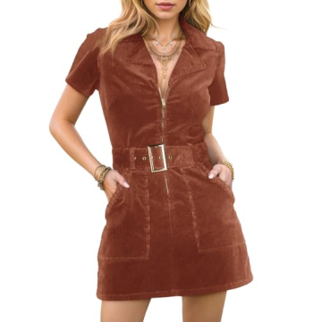 Women's Short Sleeve Corduroy Mini Dress with Zip Up & Belt