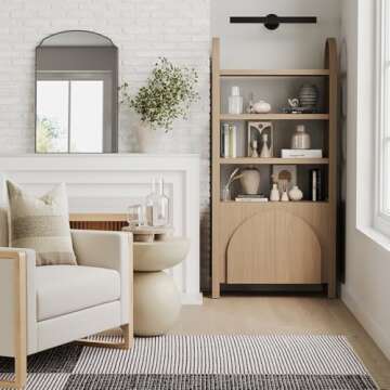 Nathan James Iris 3 Tier Bookshelf, Arched Bookcase Cabinet, Solid Wood Bookcase with Cabinet Base, Boho Bookshelf in Raw Oak Finish