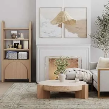 Nathan James Iris 3 Tier Bookshelf, Arched Bookcase Cabinet, Solid Wood Bookcase with Cabinet Base, Boho Bookshelf in Raw Oak Finish