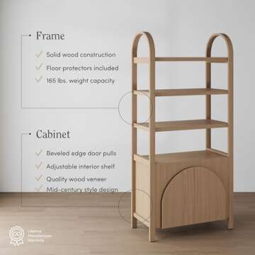 Nathan James Iris 3 Tier Bookshelf, Arched Bookcase Cabinet, Solid Wood Bookcase with Cabinet Base, Boho Bookshelf in Raw Oak Finish