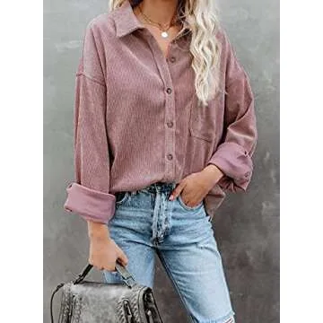 Astylish Womens Corduroy Shirts Button Down V Neck Long Sleeve Blouse Casual Roll Up Cuffed Tops with Pockets Pink S