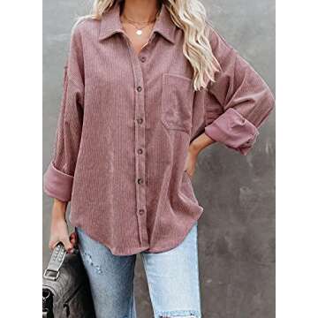 Astylish Womens Corduroy Shirts Button Down V Neck Long Sleeve Blouse Casual Roll Up Cuffed Tops with Pockets Pink S
