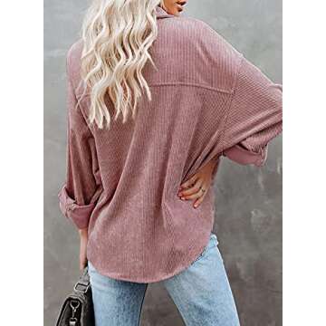 Astylish Womens Corduroy Shirts Button Down V Neck Long Sleeve Blouse Casual Roll Up Cuffed Tops with Pockets Pink S