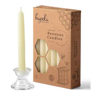 Hyoola 7" Beeswax Taper Candles 12 Pack - Handmade, All Natural, 100% Pure Unscented Bee Wax Candle - Tall, Decorative, White 7 Hour Burn Time