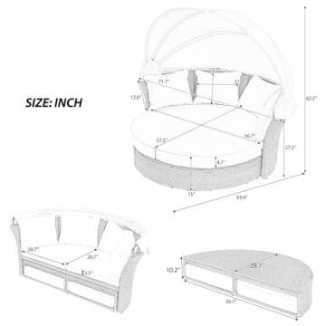 P PURLOVE Outdoor Canopy Bed Patio Daybed with 4 Pillows, Wicker Rattan Double Daybed Round Sofa Fur...