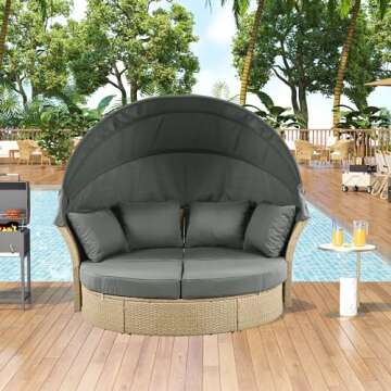 P PURLOVE Outdoor Canopy Bed Patio Daybed with 4 Pillows, Wicker Rattan Double Daybed Round Sofa Furniture Set with Retractable Canopy, 2-Person Outdoor Patio Bed for Lawn, Garden, Backyard (Grey)