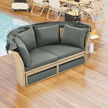 P PURLOVE Outdoor Canopy Bed Patio Daybed with 4 Pillows, Wicker Rattan Double Daybed Round Sofa Furniture Set with Retractable Canopy, 2-Person Outdoor Patio Bed for Lawn, Garden, Backyard (Grey)