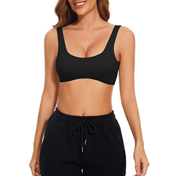 Meladyan Women Sports Bra Scoop Neck Curve Wireless Support Bralette Crop Tank Cami Backless Sleeveless Yoga Workout Black