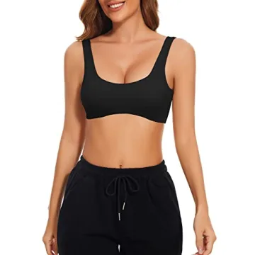 Meladyan Women Sports Bra Scoop Neck Curve Wireless Support Bralette Crop Tank Cami Backless Sleeveless Yoga Workout Black