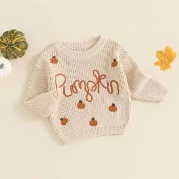 Toddler Baby Boy Girl Halloween Outfit Cute Pumpkin Knit Sweater Oversized Pullover Tops Warm Fall Clothes (B Beige, 18-24 Months)