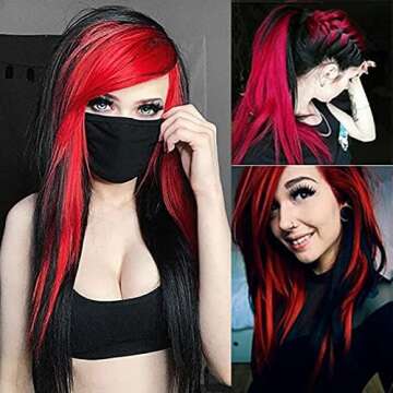 Baruisi Long Red Black Wig Silky Straight Synthetic Heat Resistant Side Bangs Halloween Costume Hair...