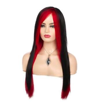 Baruisi Long Red Black Wig Silky Straight Synthetic Heat Resistant Side Bangs Halloween Costume Hair Wigs for Women