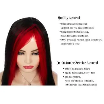 Baruisi Long Red Black Wig Silky Straight Synthetic Heat Resistant Side Bangs Halloween Costume Hair Wigs for Women