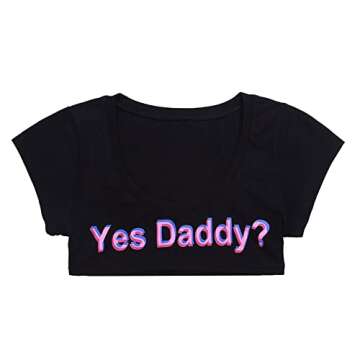 DeSeeni Sexy Short Sleeve Crop Top for Women Yes Daddy Solid Scoop Neck Mini T-Shirts Cotton Vest Tank Cleavage Lingerie Clubwear Black