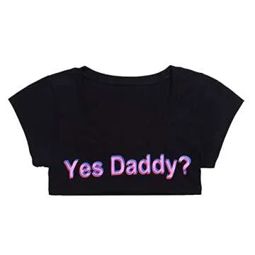 DeSeeni Sexy Short Sleeve Crop Top for Women Yes Daddy Solid Scoop Neck Mini T-Shirts Cotton Vest Tank Cleavage Lingerie Clubwear Black