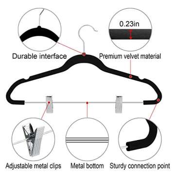 TIMMY Velver Hangers with Clips (20 Pack) Hangers Non Slip Velvet Clothes Hangers,Ultra Thin Pants Hangers,Skirt Hangers with 360°Swivel Hooks(Black)
