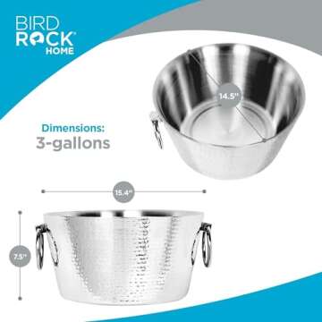 BIRDROCK HOME Hammered Stainless Steel Round Beverage Tub with Handles - Double Wall Insulated 3 Gallons - Metal Drink Cooler & Ice Bucket for Parties - Outdoor Aluminum Holder for Bottles & Soda