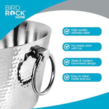 BIRDROCK HOME Hammered Stainless Steel Round Beverage Tub with Handles - Double Wall Insulated 3 Gallons - Metal Drink Cooler & Ice Bucket for Parties - Outdoor Aluminum Holder for Bottles & Soda