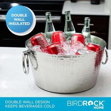 BIRDROCK HOME Hammered Stainless Steel Round Beverage Tub with Handles - Double Wall Insulated 3 Gallons - Metal Drink Cooler & Ice Bucket for Parties - Outdoor Aluminum Holder for Bottles & Soda