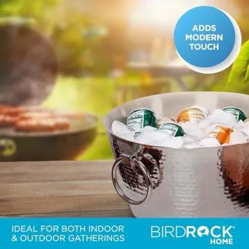 BIRDROCK HOME Hammered Stainless Steel Round Beverage Tub with Handles - Double Wall Insulated 3 Gallons - Metal Drink Cooler & Ice Bucket for Parties - Outdoor Aluminum Holder for Bottles & Soda