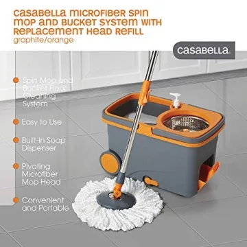 Casabella Microfiber Spin Mop and Bucket System with Replacement Head Refill, Graphite/Orange