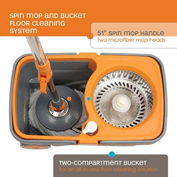 Casabella Microfiber Spin Mop and Bucket System with Replacement Head Refill, Graphite/Orange