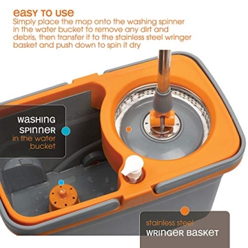 Casabella Microfiber Spin Mop and Bucket System with Replacement Head Refill, Graphite/Orange