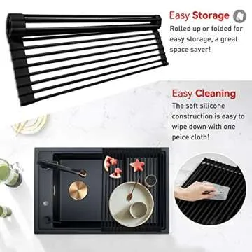 MERRYBOX 20.5" x 13" Roll Up Dish Drying Rack Silicone Wrapped Over The Sink Dish Drying Rack Multipurpose Foldable Sink Drying Mat, Heat-Resistant & Anti-Rust Dish Rack for Kitchen Sink, Large, Black
