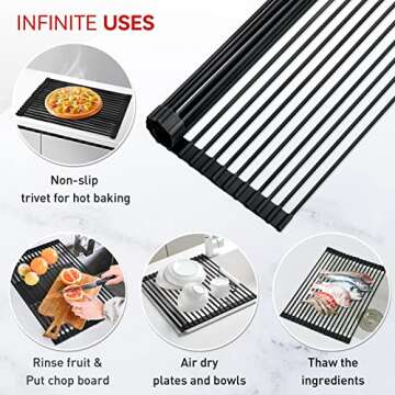 MERRYBOX 20.5" x 13" Roll Up Dish Drying Rack Silicone Wrapped Over The Sink Dish Drying Rack Multipurpose Foldable Sink Drying Mat, Heat-Resistant & Anti-Rust Dish Rack for Kitchen Sink, Large, Black