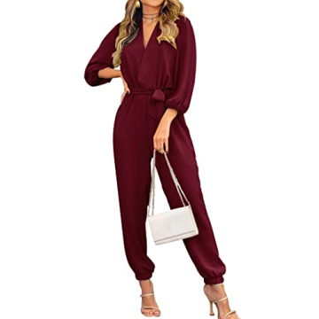 PRETTYGARDEN Women's Fall Jumpsuits Casual Dressy One Piece Outfits V Neck Long Sleeve Belt Pockets ...
