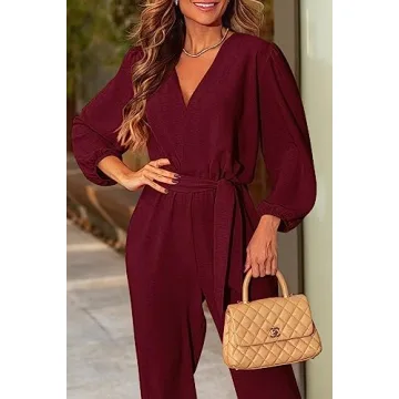 PRETTYGARDEN Women's Fall Jumpsuits Casual Dressy One Piece Outfits V Neck Long Sleeve Belt Pockets Long Pants Romper (Wine Red,XX-Large)