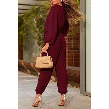 PRETTYGARDEN Women's Fall Jumpsuits Casual Dressy One Piece Outfits V Neck Long Sleeve Belt Pockets Long Pants Romper (Wine Red,XX-Large)