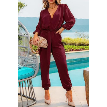 PRETTYGARDEN Women's Fall Jumpsuits Casual Dressy One Piece Outfits V Neck Long Sleeve Belt Pockets Long Pants Romper (Wine Red,XX-Large)