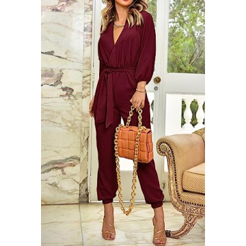 PRETTYGARDEN Women's Fall Jumpsuits Casual Dressy One Piece Outfits V Neck Long Sleeve Belt Pockets Long Pants Romper (Wine Red,XX-Large)