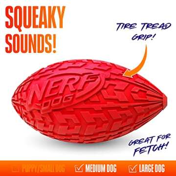 Nerf Dog Tire Football Dog Toy with Interactive Squeaker, Lightweight, Durable and Water Resistant, 6 Inch Diameter for Medium/Large Breeds, Single Unit, Red