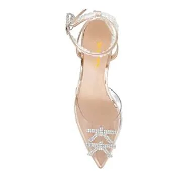 XYD Women Crystal Ankle Strap Pumps High Heel Rhinestone Transparent Pointed Toe Pearls Strappy Slingback Wedding Prom Shoes Size 11 Gold