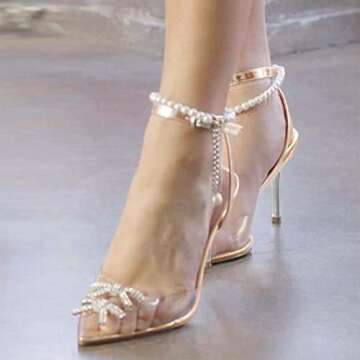 XYD Women Crystal Ankle Strap Pumps High Heel Rhinestone Transparent Pointed Toe Pearls Strappy Slingback Wedding Prom Shoes Size 11 Gold