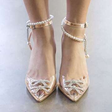 XYD Women Crystal Ankle Strap Pumps High Heel Rhinestone Transparent Pointed Toe Pearls Strappy Slingback Wedding Prom Shoes Size 11 Gold
