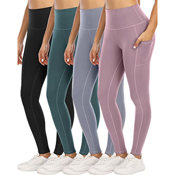 YOUNGCHARM 4 Pack Leggings with Pockets for Women,High Waist Tummy Control Workout Yoga Pants BlackP...