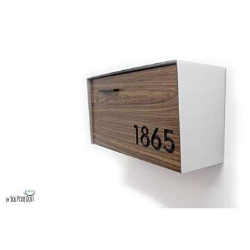 Wall Mounted Mailbox with Wood Walnut Aluminum (ACP) Face and White Aluminum (ACP) Body and Black Ac...