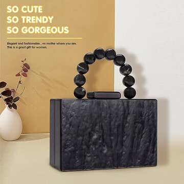 Acrylic Purses Evening Clutch Bag Marbling Handbags for Women Cross Body Bag with Pearl Chain Formal Wedding Prom Party(Black)