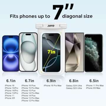 JOTO Universal Waterproof Pouch Case for iPhone 16 15 14 13 Plus Pro Max, IPX8 Cellphone Dry Bag 12 11 Pro Max XR X 8 7 6S Plus SE, Galaxy S23 S22 S21 S20+ S20 S10 Plus Note, Pixel up to 7" -White