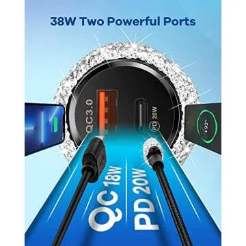Bling iPhone Fast Car Charger, 20W USB C Car Charger [Apple MFi Certified] PD + QC Dual Port Fast Charging Adapter with 3.2FT Type-C to Lightning Cable for iPhone 14 13 12 Pro Max