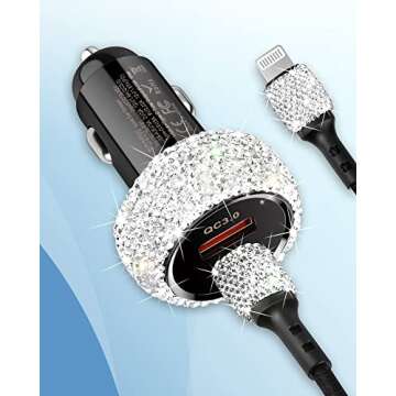 Bling iPhone Fast Car Charger, 20W USB C Car Charger [Apple MFi Certified] PD + QC Dual Port Fast Charging Adapter with 3.2FT Type-C to Lightning Cable for iPhone 14 13 12 Pro Max