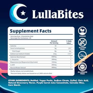 LullaBites Gummies - Made in The USA - Natural Sweet Strawberry Stars Flavor - 30 Servings - Sugar-Free - Vegan - Halal