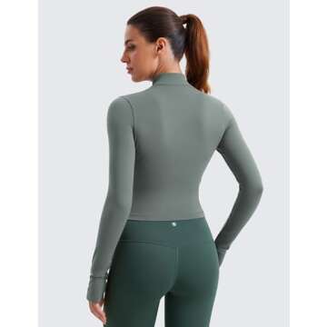 CRZ YOGA Womens Butterluxe Full Zip Cropped Workout Jacket Slim Fit Lightweight Athletic Yoga Tops with Thumb Holes Grey Sage Medium