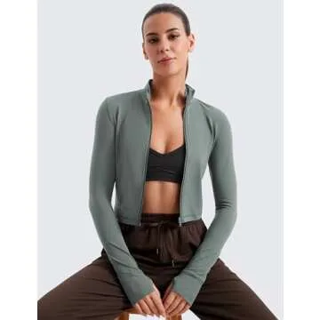 CRZ YOGA Womens Butterluxe Full Zip Cropped Workout Jacket Slim Fit Lightweight Athletic Yoga Tops with Thumb Holes Grey Sage Medium