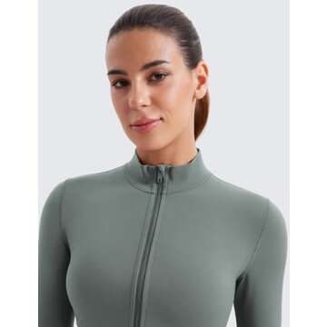 CRZ YOGA Womens Butterluxe Full Zip Cropped Workout Jacket Slim Fit Lightweight Athletic Yoga Tops with Thumb Holes Grey Sage Medium